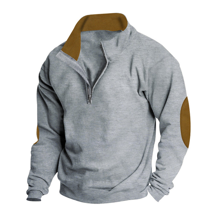 Men's casual cardigan with short front zipper, soft inner lining, and suede sleeve trim StylebySassy