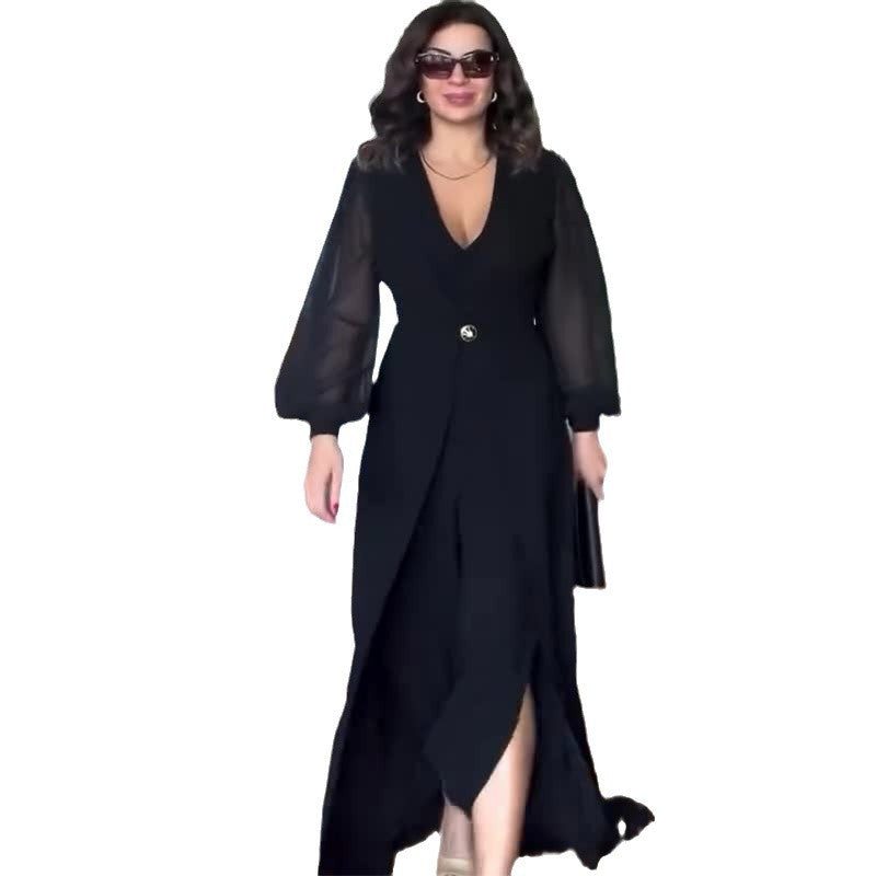 Ladies elegant wrap maxi dress with tailored draping, transparent balloon sleeves and decorative button StylebySassy