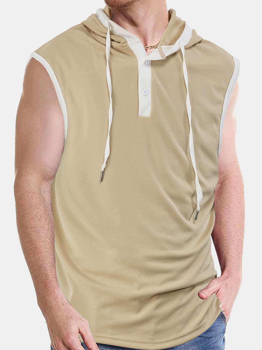 Men's sleeveless hoodie polo shirt with mesh structure and Henley button placket StylebySassy