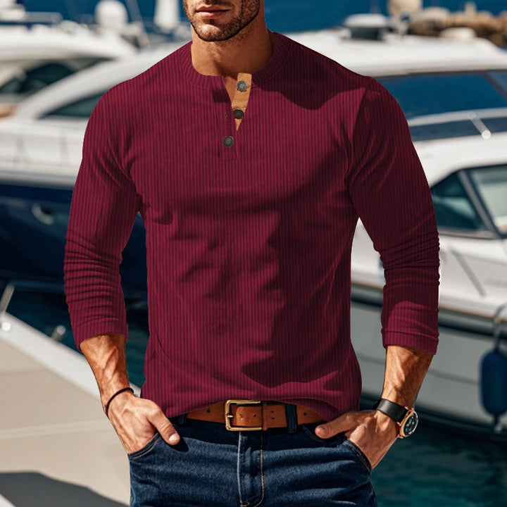 Men's ribbed long-sleeve Henley shirt with stand-up collar and concealed placket made of breathable jersey StylebySassy