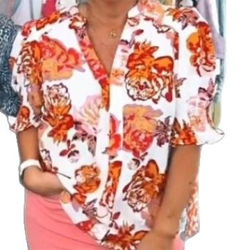 Ladies nan loose blouse with gathered puff sleeves and button placket StylebySassy