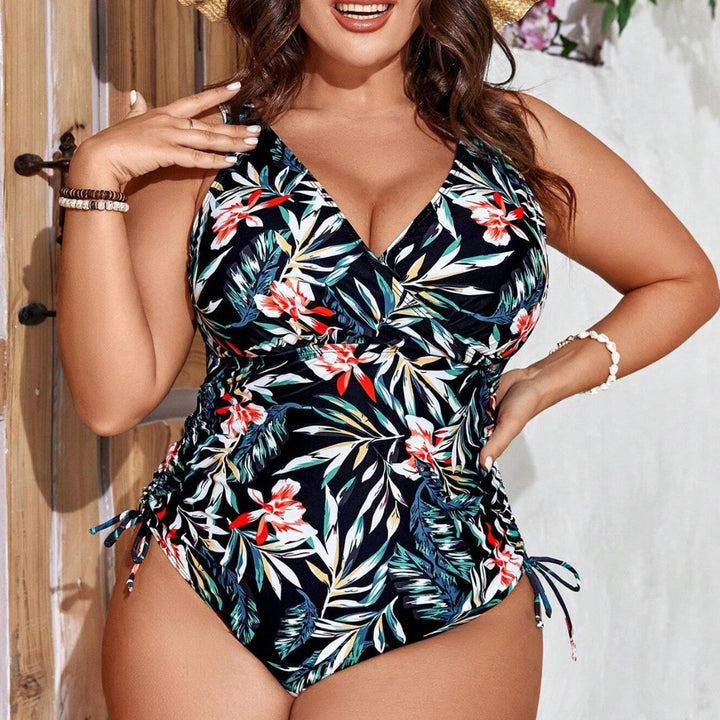 Womens One-Piece Swimsuit with Floral Wrap Design and Figure-Shaping Gatherings StylebySassy