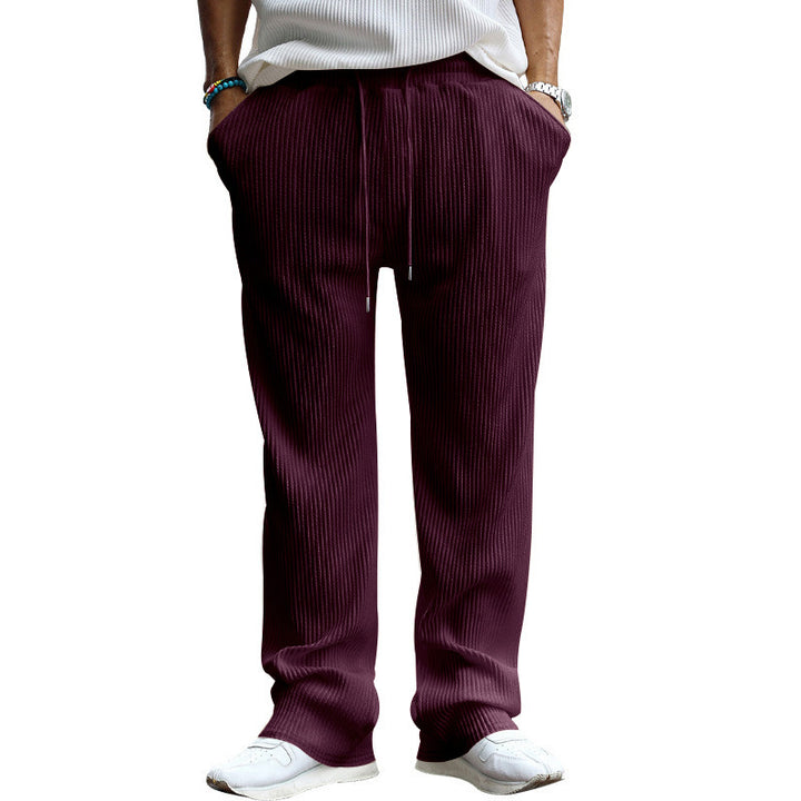 Men's straight cut corduroy velour pants with drawstring waistband, metal drawstring ends, and deep side pockets StylebySassy