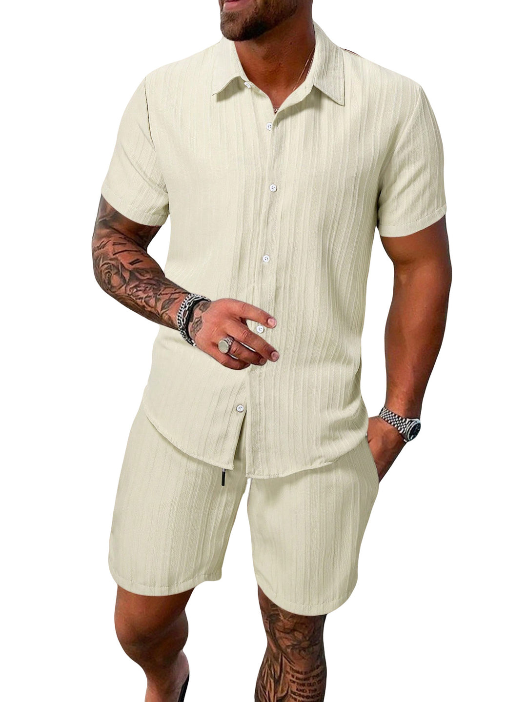 Men's lightweight short-sleeve shirt with open collar and matching casual shorts made of textured cotton blend StylebySassy