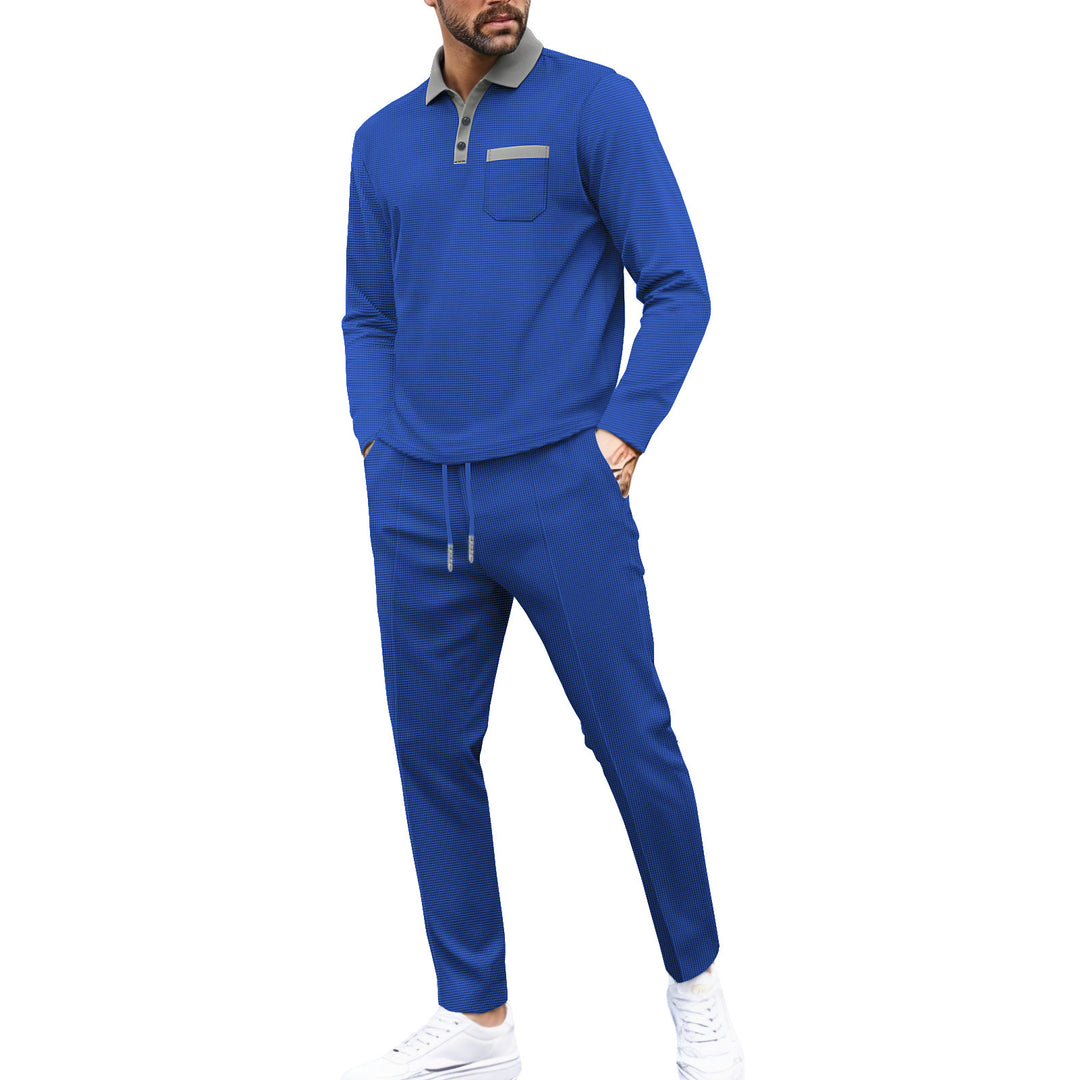 Men's travel set made of structured jersey with long sleeve polo shirt, chest pocket, and slim fit drawstring pants StylebySassy