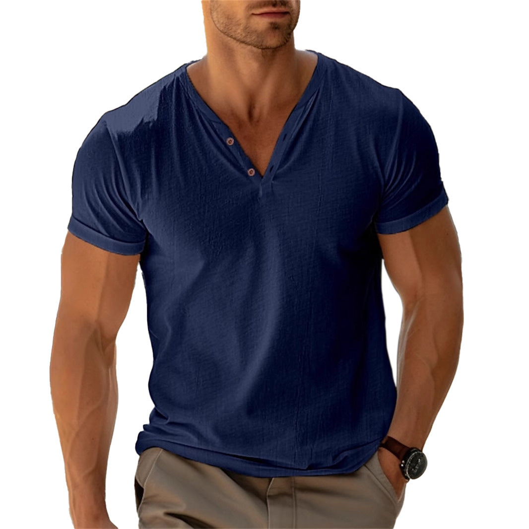 Men's fitted Henley T-shirt with V-neck, short button placket and roll-up sleeves StylebySassy