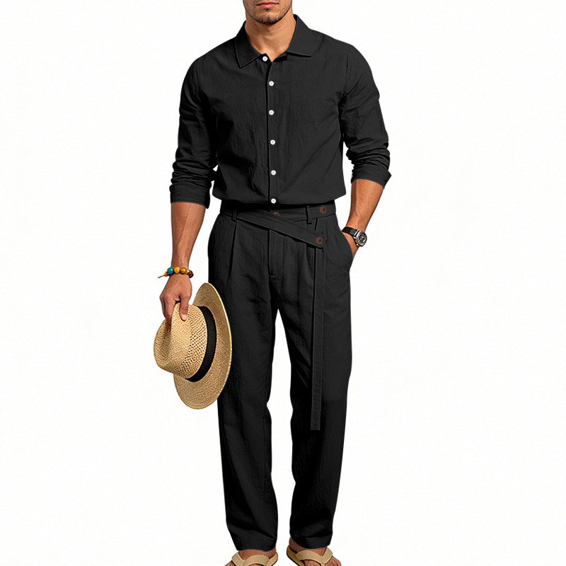 Men's elegant linen two-piece set with shirt and high-waisted pants with tie belt StylebySassy