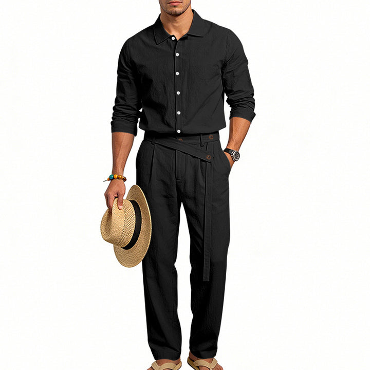 Men's elegant linen two-piece set with shirt and high-waisted pants with tie belt StylebySassy