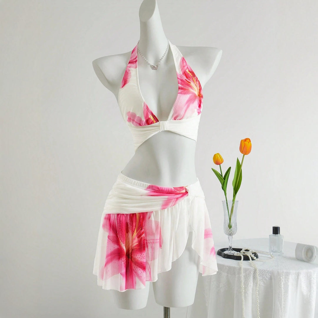 Women's Flower Pattern Bikini Set with Elegant Skirt StylebySassy