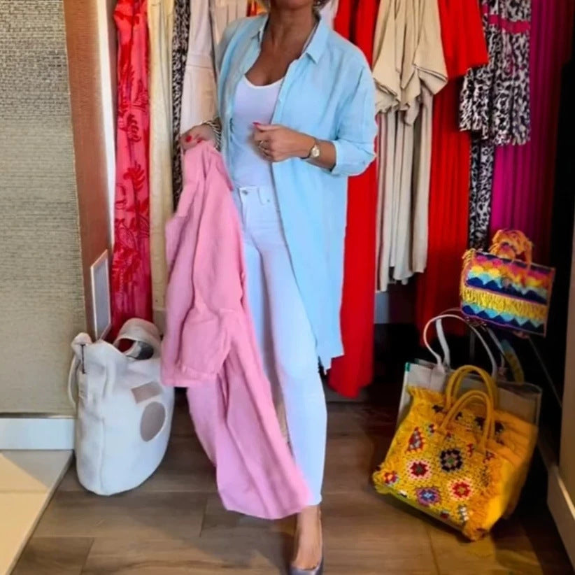Women's open long blouse in linen mix with Kent collar, dropped shoulder and side slits StylebySassy