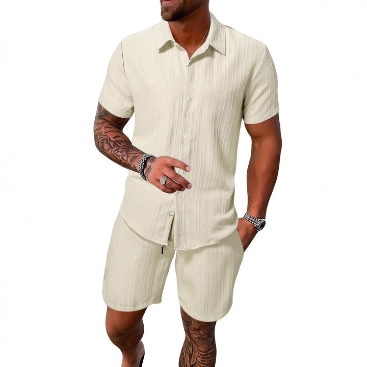 Men's lightweight short-sleeve shirt with open collar and matching casual shorts made of textured cotton blend StylebySassy