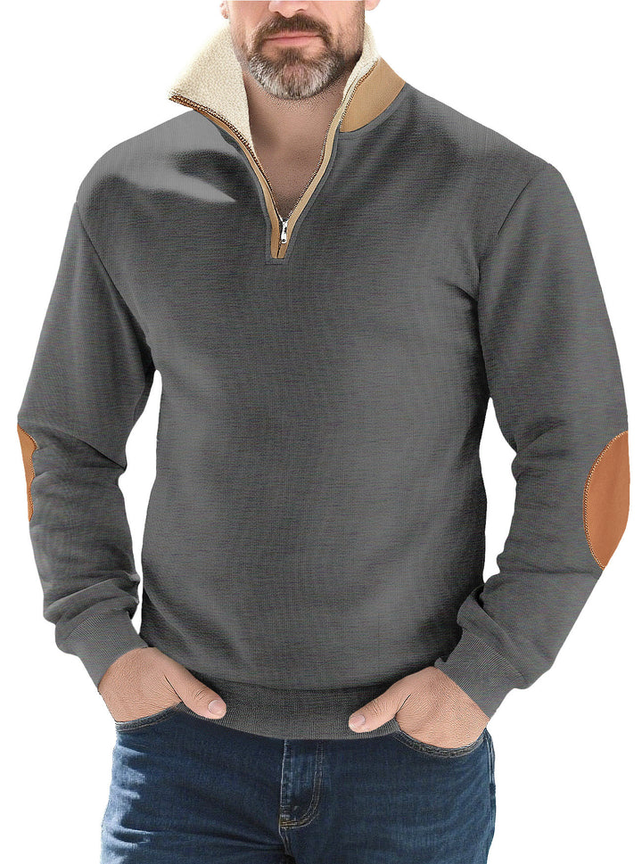 Men's structured knit half-zip pullover with warming sherpa collar and velour elbow patches StylebySassy