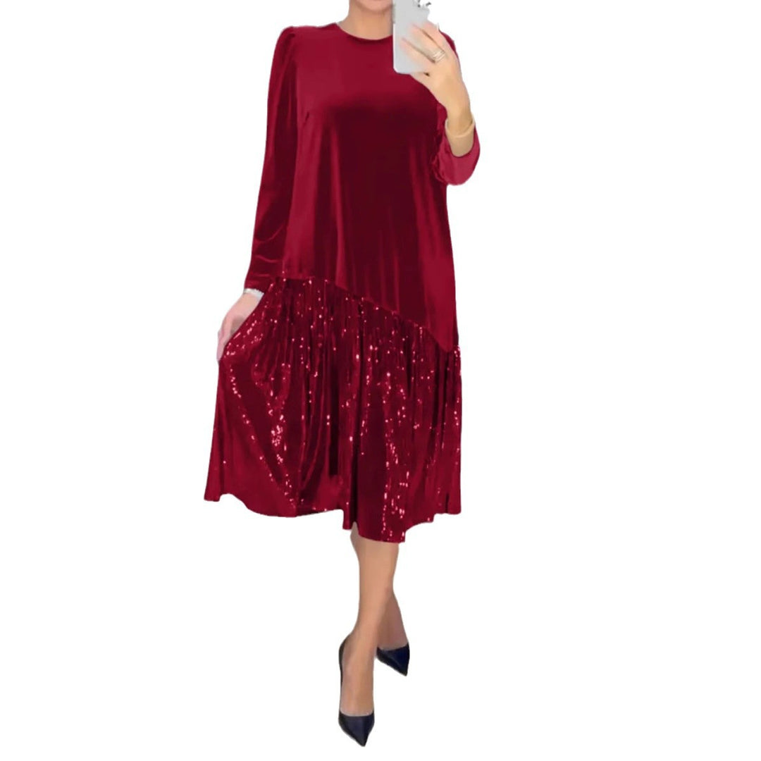 Women's Velvet Midi Dress with Pleated Sequin Skirt, Loose A-Line Cut and Round Neckline StylebySassy