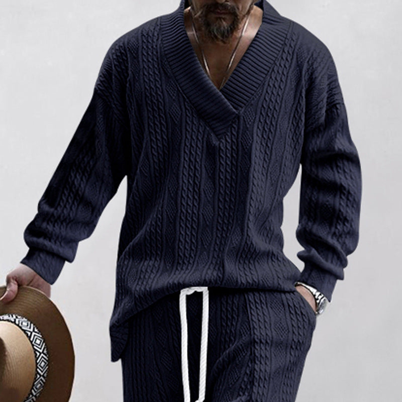 Men's relaxed knit ensemble with deep V-neck and elastic drawstring waistband StylebySassy