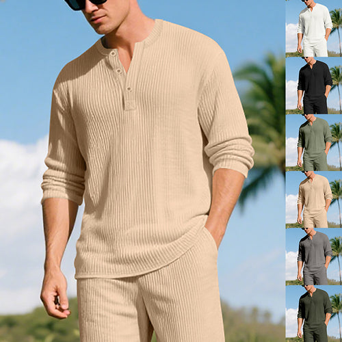 Men's ribbed leisure set with henley top and elastic waistband trousers StylebySassy