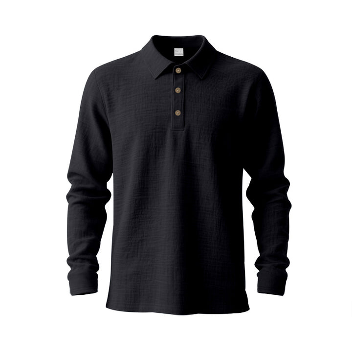 Men's long sleeve polo shirt made of cotton gauze with a shirt collar, three-button placket, and relaxed fit StylebySassy
