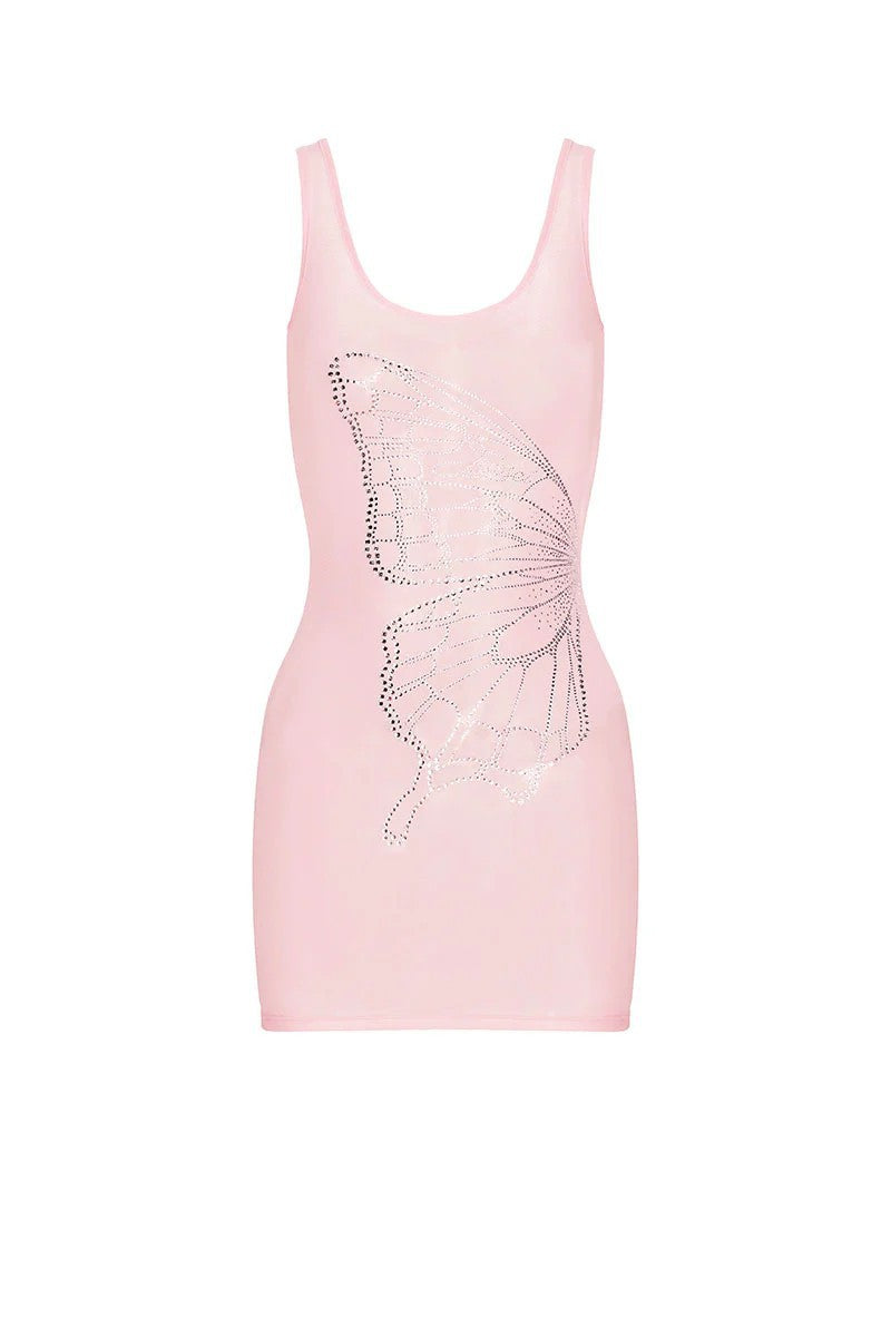 Women Shaping Mini Dress with Butterfly Motif and Glitter Stones StylebySassy