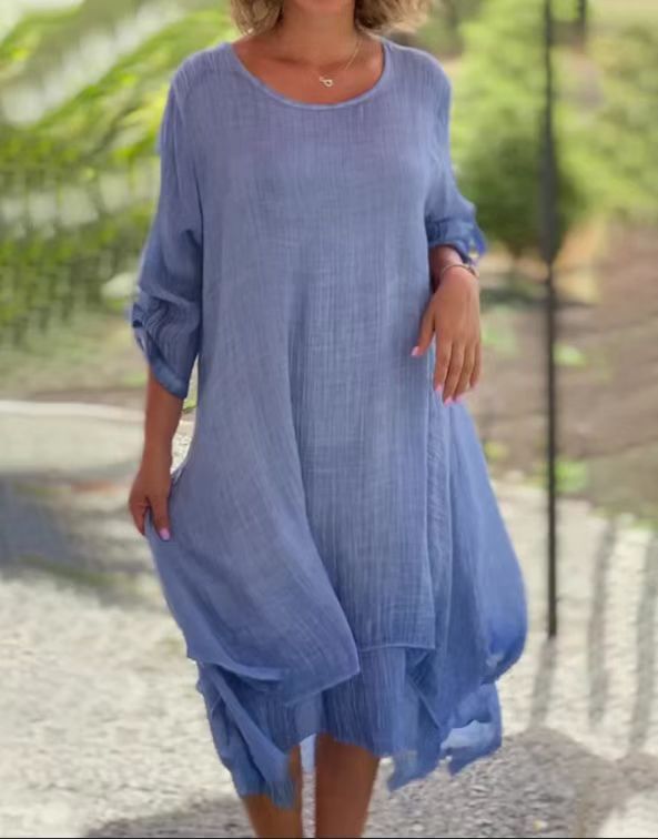 Women’s loose muslin layer midi dress with A-line and roll-up sleeves StylebySassy