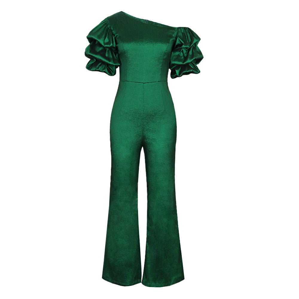 Ladies Elegant Jumpsuit with Asymmetric Puffed Sleeves StylebySassy