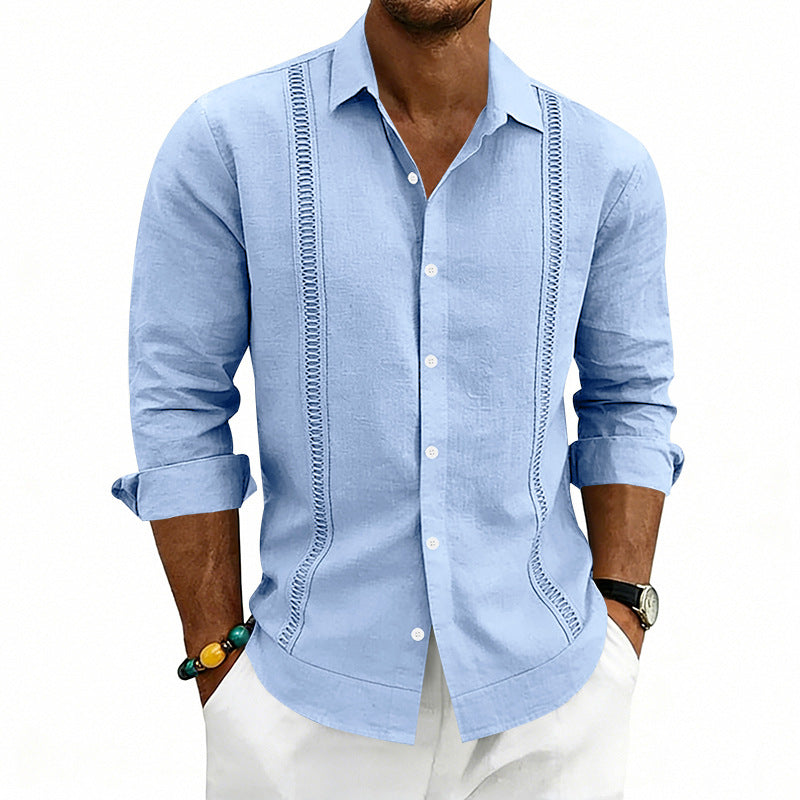 Men's casual linen blend shirt with vertical decorative stripes, Kent collar and relaxed fit StylebySassy