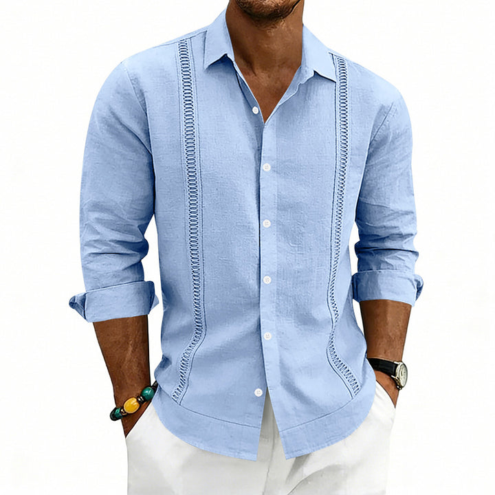 Men's casual linen blend shirt with vertical decorative stripes, Kent collar and relaxed fit StylebySassy