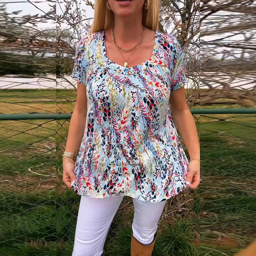 Women's lightweight floral round neck printed shirt with bust pleats and casual hip length StylebySassy