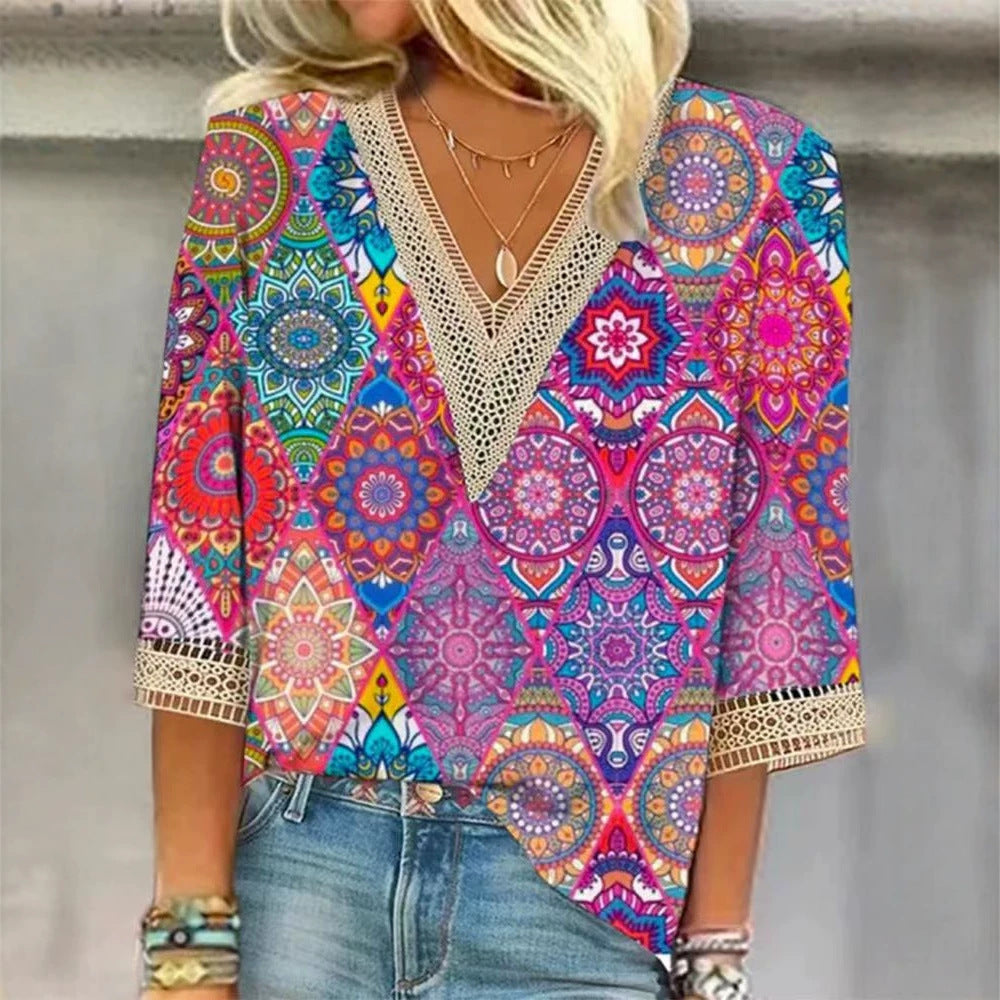 Women's nano locker falling Mandala patchwork tunic with deep V-neckline and crochet lace trim StylebySassy
