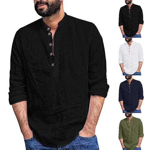 Men's relaxed long sleeve Henley shirt made of breathable linen blend with stand-up collar StylebySassy