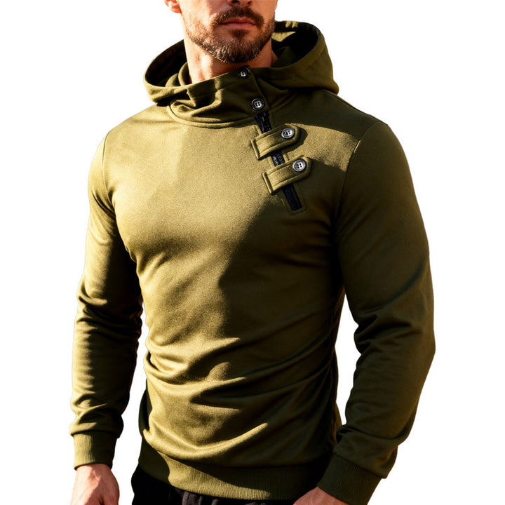 Men's fitted hoodie with high collar, decorative tabs and concealed diagonal zipper StylebySassy