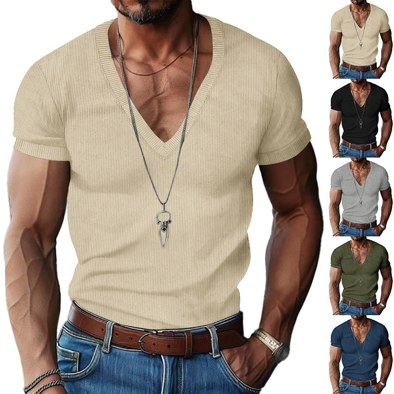 Men's structured V-neck ribbed jersey shirt with short sleeves and a slim fit StylebySassy