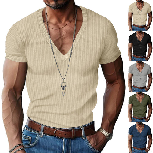 Men's structured V-neck ribbed jersey shirt with short sleeves and a slim fit StylebySassy