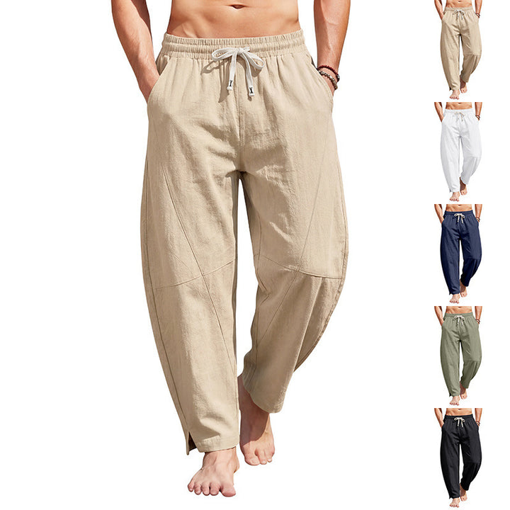 Men's airy comfort summer pants with elastic tunnel drawstring waistband, decorative seams, and side ankle slit StylebySassy