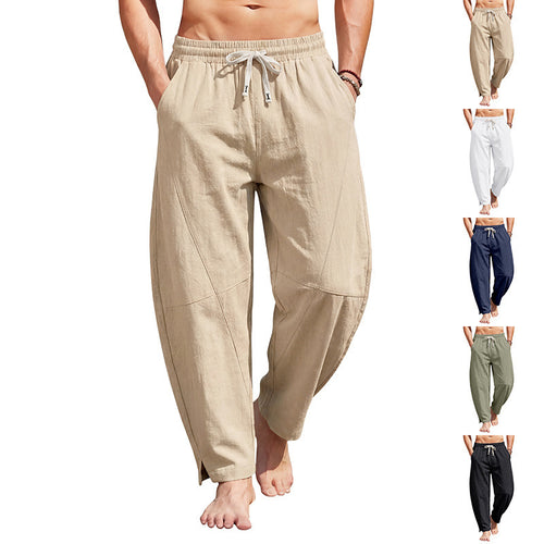 Men's airy comfort summer pants with elastic tunnel drawstring waistband, decorative seams, and side ankle slit StylebySassy