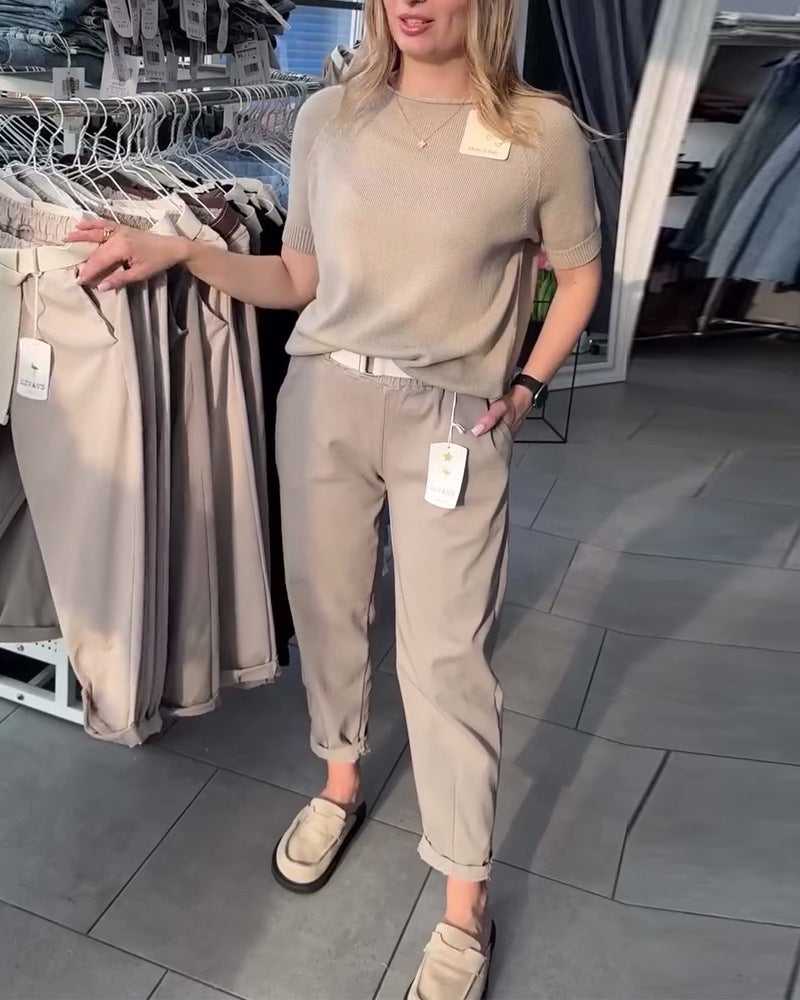 Women's casual cotton chinos with elastic comfort waistband, cuffs, and decorative belt StylebySassy