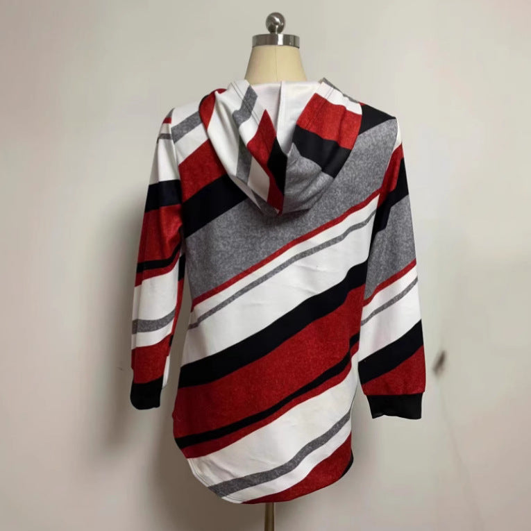 Women's longline hoodie jacket with diagonal stripe pattern, ring zipper and side pockets StylebySassy
