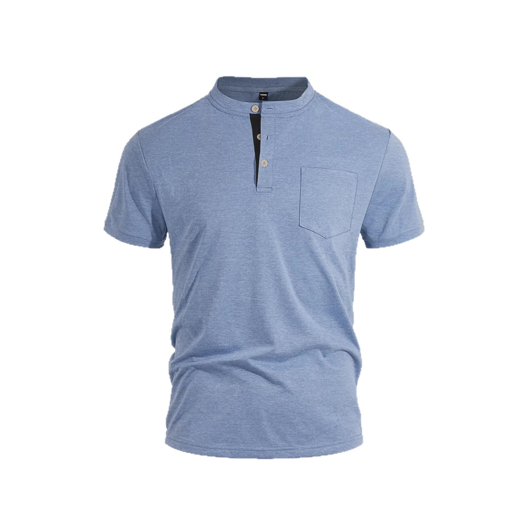 Men's structured cotton henley shirt with short stand-up collar button placket and chest pocket StylebySassy