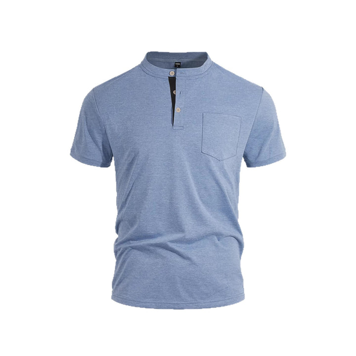 Men's structured cotton henley shirt with short stand-up collar button placket and chest pocket StylebySassy