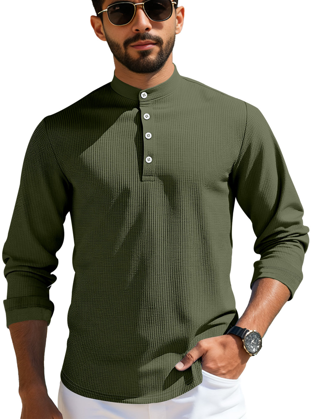 Men's structured long-sleeve henley with Nehru collar and tone-on-tone button placket StylebySassy