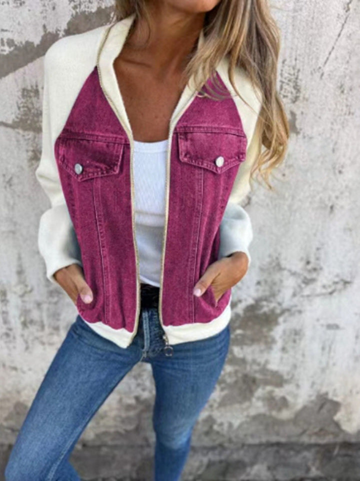 Women's Sweat-Jeans-Bomber Jacket with Raglan Sleeves, Breast Pockets, and Zipper StylebySassy
