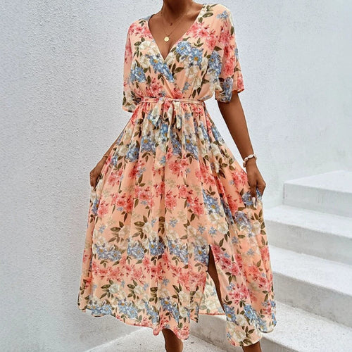 Women's floral V-neck tie dress with fitted belt and side leg slit StylebySassy