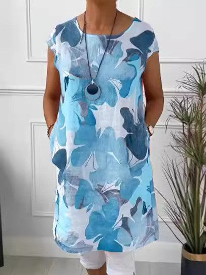 Ladies' airy tunic midi dress made of linen blend with watercolor flower print and side pockets StylebySassy