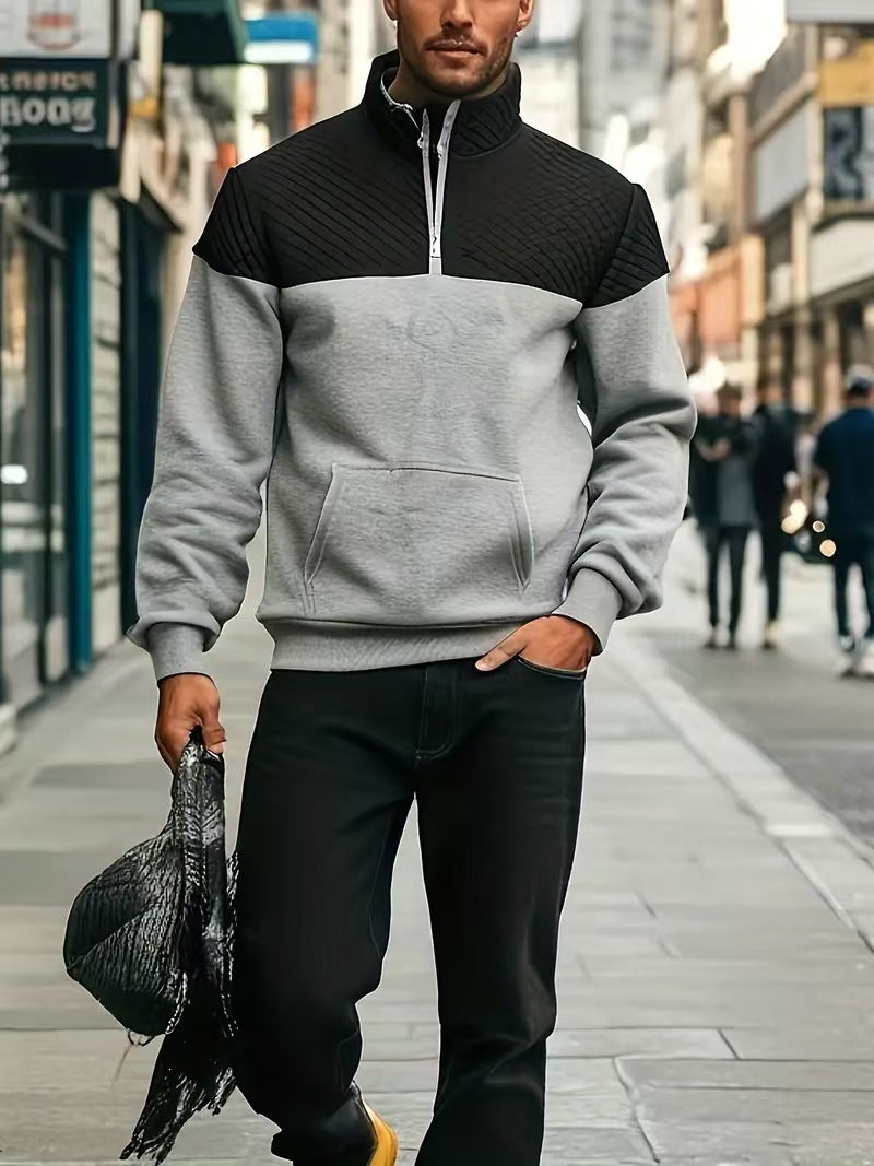 Men's half-zip sweatshirt with quilted shoulder area, kangaroo pocket, and ribbed cuffs StylebySassy