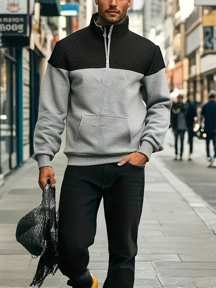 Men's Half-zip Sweatshirt with Quilted Shoulder Panel and Kangaroo Pocket StylebySassy
