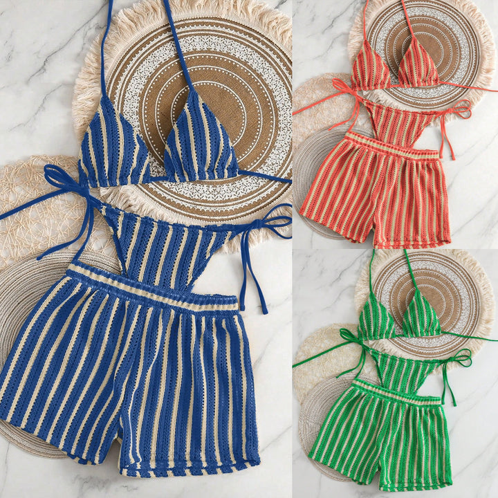 Women's bikini set with striped design and casual shorts StylebySassy