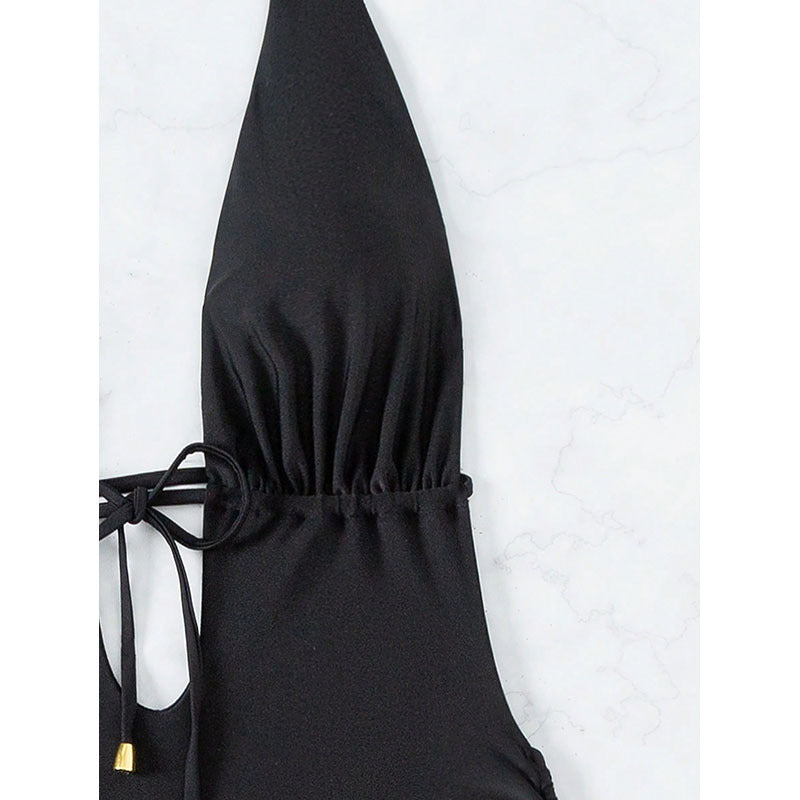 Women's one-piece swimsuit with deep V-neckline and lace-up detail StylebySassy