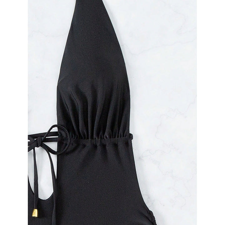 Women's one-piece swimsuit with deep V-neckline and lace-up detail StylebySassy
