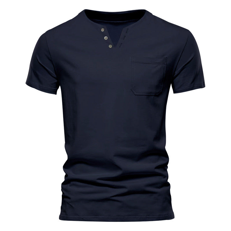 Men's tailored short sleeve Henley shirt with chest pocket and asymmetrical button placket StylebySassy