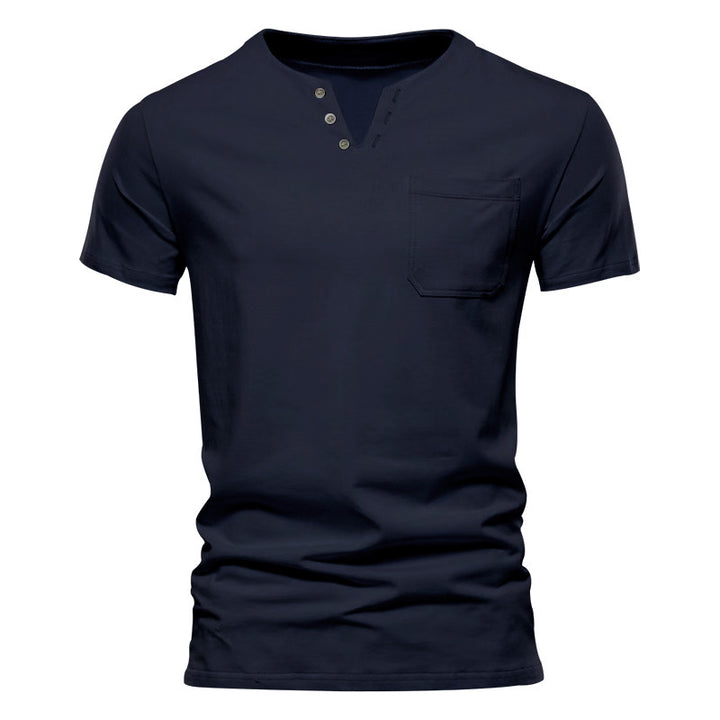 Men's tailored short sleeve Henley shirt with chest pocket and asymmetrical button placket StylebySassy