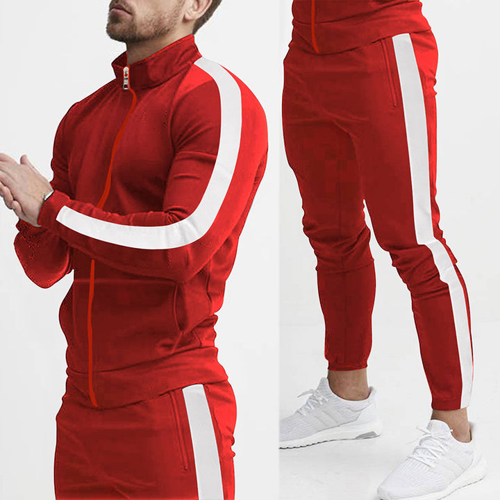 Men's fitted sports outfit with stand-up collar, full-length zip and tapered sports pants with side stripes StylebySassy