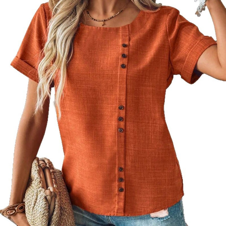Women's bauchfreies linen-look top with asymmetrical button placket and rolled sleeves StylebySassy